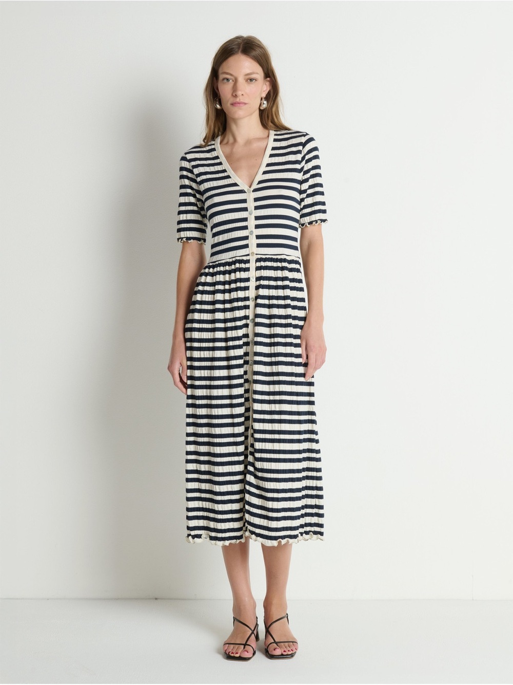 Nation Striped V-Neck Button-Front Midi Dress in Navy and Cream - Picture 3 of 6